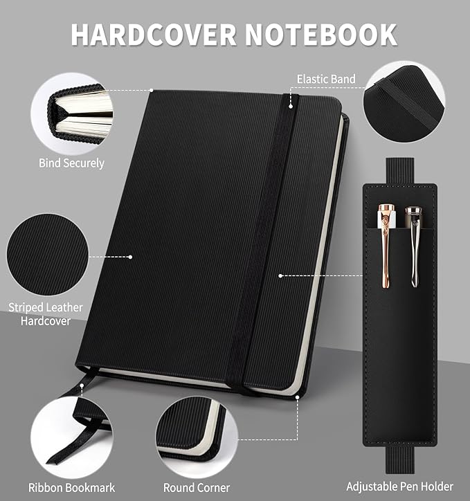 Lined Journal Notebook for Work, A5 Leather Notebook with Pen Holder, 100GSM/160 Pages Thick Paper, Daily Journals for Writing, School, Note Taking, Business, Travel, College Ruled