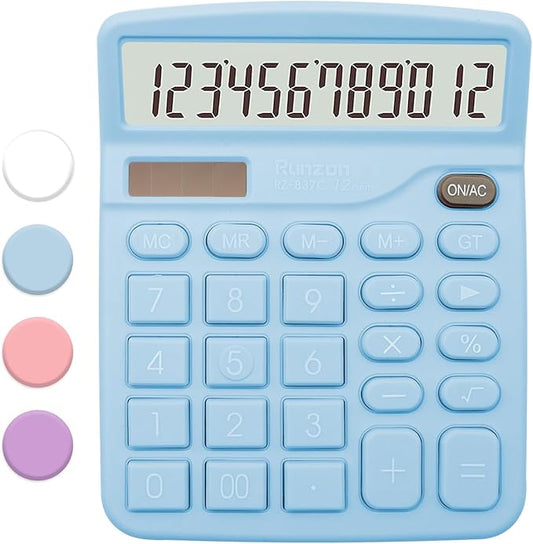 Blue Office Calculator - 12 Digit Desktop LCD Display with Sensitive Buttons