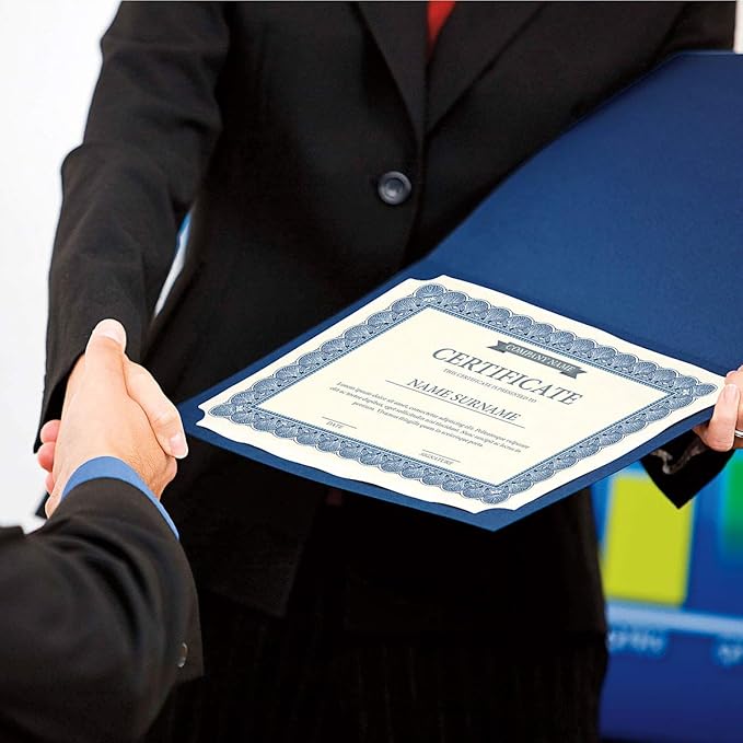 Plain Blue Certificate Folders - Pack of 10, Linen Cover 80 lb. Stock, Folded, Die-Cut Corners, for Office, Business Awards, Graduation, School Diploma Holder, 9-1/2" x 12