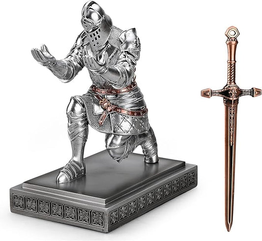 King's Guard Knight Pen Holder Pen Stand Desk Organizers and Accessories Resin Pencil Holder as Gift for Office and Home (Silver)
