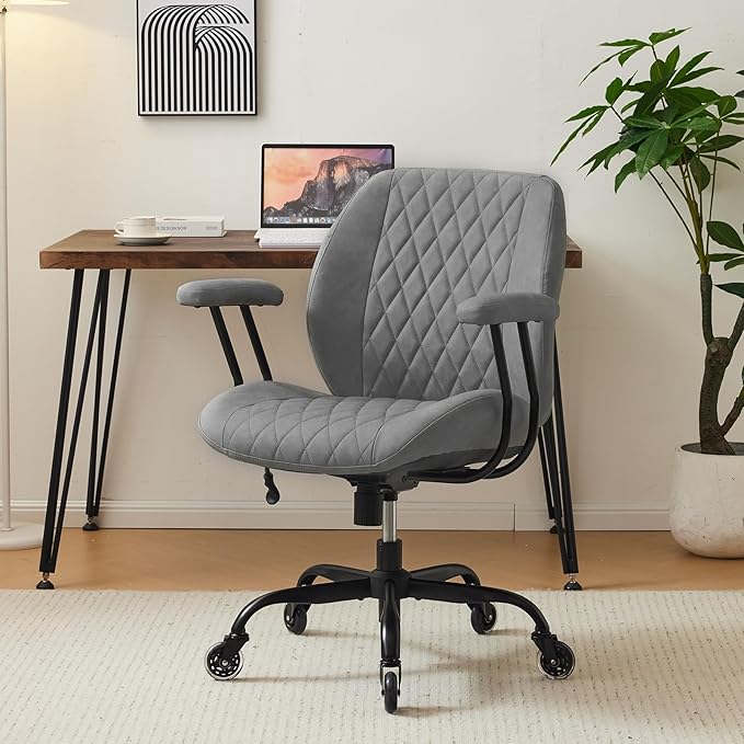 YFO Modern Ergonomic Office Desk Chair, Grey Leather with Lumbar Support, Adjustable Height, Swivel, Armrests, for Office, Gaming, Reading, Relaxing
