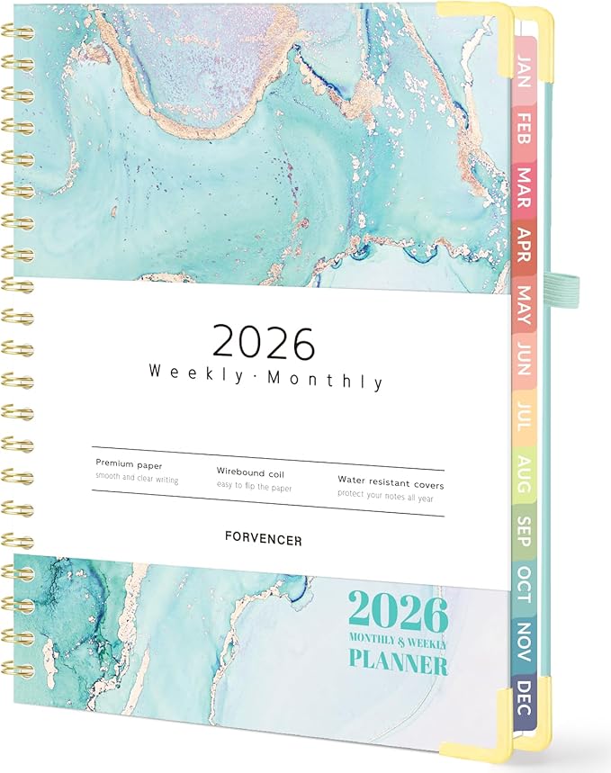 Forvencer 2026 Planner, Hardcover Calendar Planner Weekly and Monthly, January 2026 - December 2026, 8.5" x 11", Spiral Agenda Book with Tabs, Exquisite Daily Journal with Inner Pocket, Organizer Notebook for Office Home School, A4 Size, Teal Marble