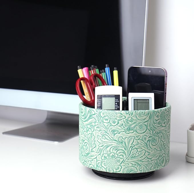lizimandu Round Leather Art Supply Organizer,Remote Control Holder,360 Degree Spinning,Multi-Functional Pencil Holder,4 Compartments Desktop Stationary Organizer(1-Carved Stone Green)