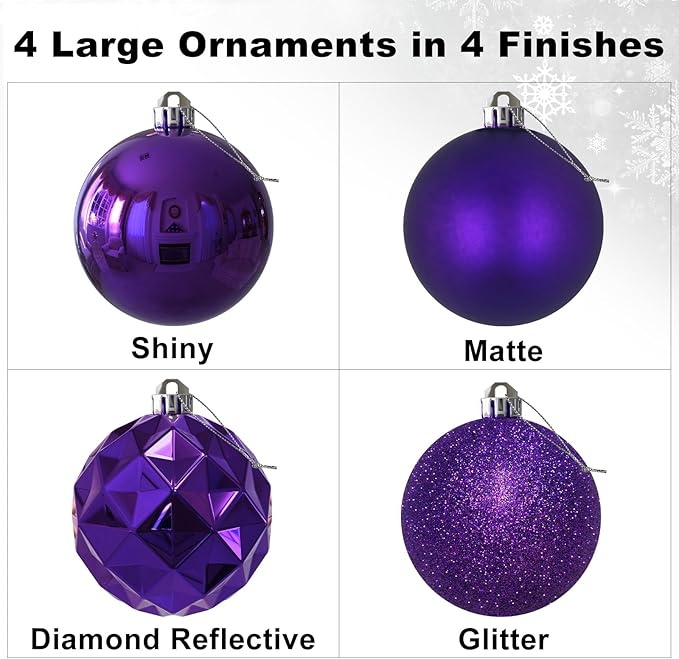 Purple 4.0" Large Christmas Balls - Christmas Tree Decoration Ornaments Shatterproof Hanging Balls for Birthday Halloween Holiday Wedding Decorations Set of 4pcs