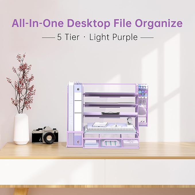 SUPEASY Desk Organizer with File Holder, 5-Tier Mesh Paper Letter Tray Organizer with Pen Holder and Drawer, Desktop Organizer and Storage with 3 Tilted File Sorter for Office Supplies, Purple