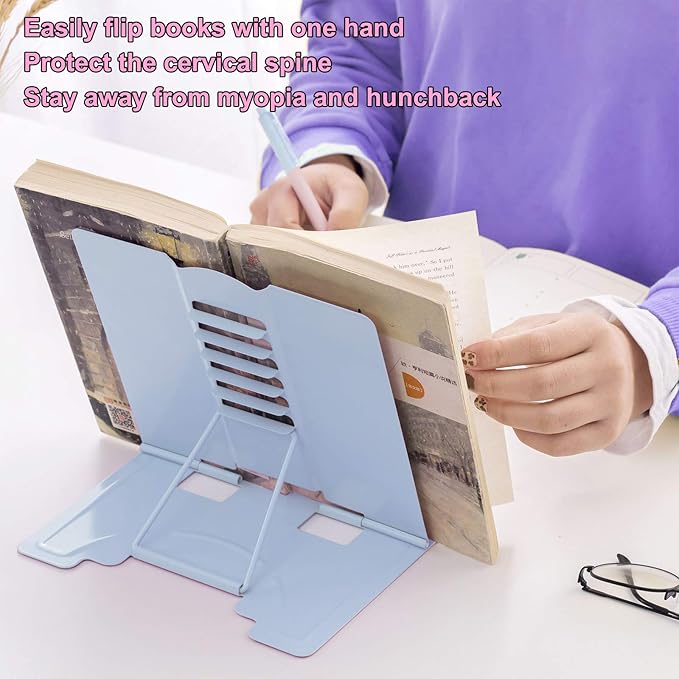 MSDADA Desk Book Stand Metal Reading Rest Book Holder Adjustable Cookbook Documents Holder Bookstands for Recipes Textbook Music Books Christmas Gift for Age 3,4,5,6,7,8,9,10+ Boys Girls (Light Blue)