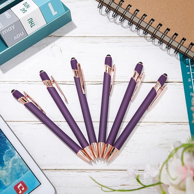 Tenare 12 Pieces 2 in 1 Stylus Metal Ballpoint Pen with Stylus Tip, 1.0 mm Black Ink Ballpoint Pen for Touch Screens(Purple and Rose Gold)