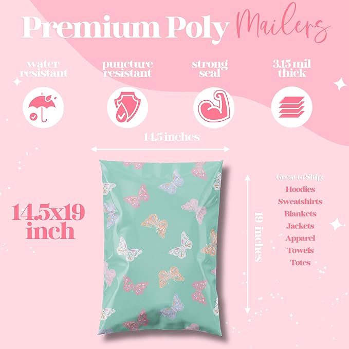 14.5x19 Designer Poly Mailer 100 Pack Heavy Duty Waterproof Self Seal Shipping Bags for Small Business Large Mailing Envelopes Bulk Tear Resistant Packaging Butterfly