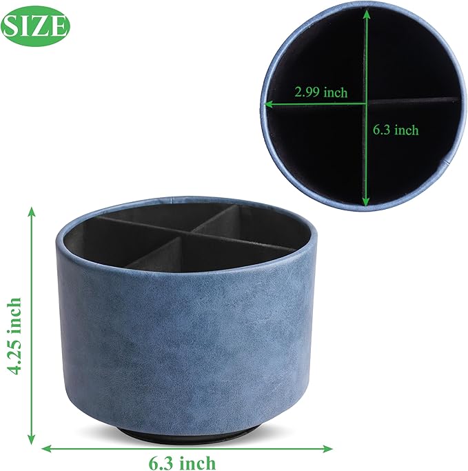 Hennaja Round Leather Art Supply Organizer,Remote Control Holder,360 Degree Spinning,Multi-Functional Pencil Holder,4 Compartments Desktop Stationary Organizer(1-Oil Blue)