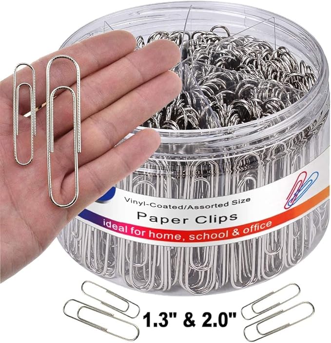 Non Skid PaperClips Assorted Sizes, Sturdy 2" /50MM Large Paper Clips and 1.3" /33MM Paper Clips Medium Size Great for Thicker Files. Reusable Large Paperclips for School, Office and Home