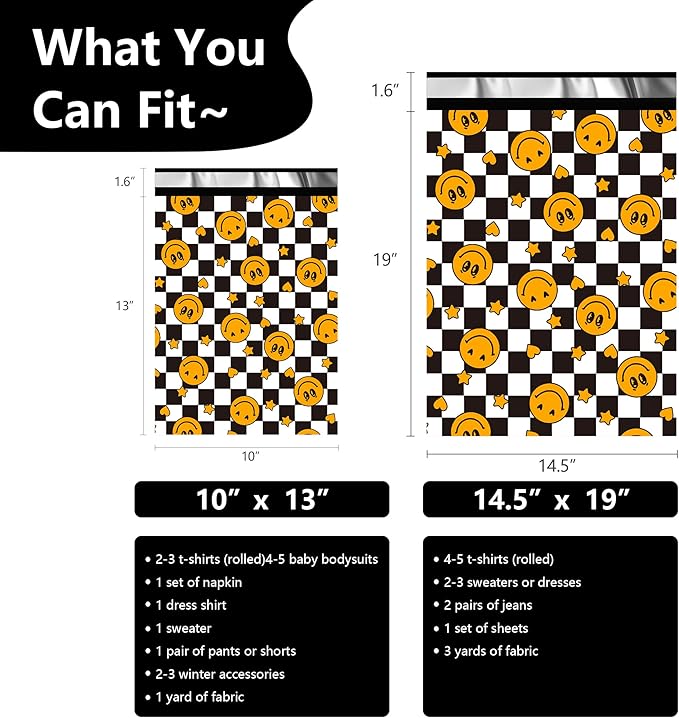 Poly Mailers 14.5x19 Inch 50 Pcs - Smiles Checkerboard Printed Shipping Bags, Waterproof and Tear Resistant Mailing Envelopes, Self-Sealing Packaging Bags for Small Business