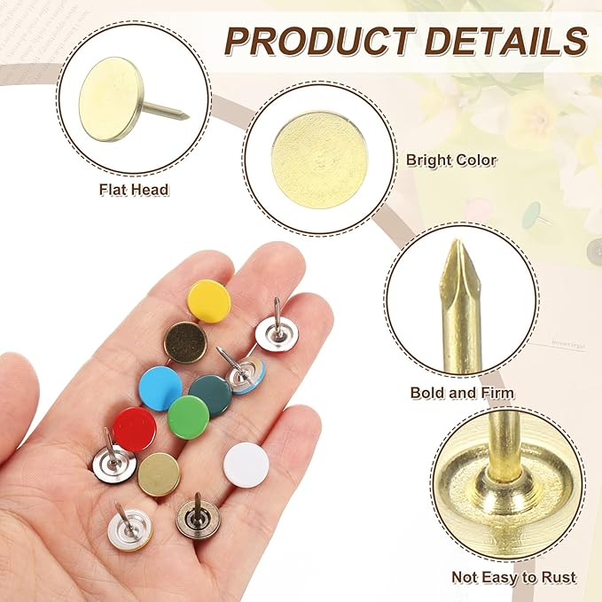 uxcell 100Pcs Upholstery Tacks, 11mmx15mm Flat Head Thumb Tack Decorative Furniture Nails Push Pins for Furniture Sofa Headboards, Gold