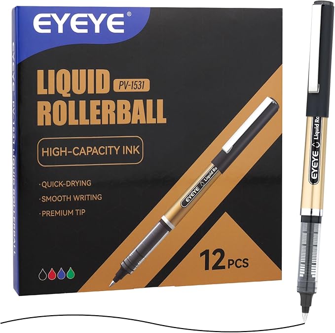 EYEYE 12 Pack 0.5mm Extra Fine Point Black Pens, Quick Dry Liquid Ink Rollerball Pens, Smooth Writing Fine Tip for Journaling, Note Taking, Office & School Supplies