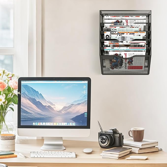 6 Tier Wall File Organizer Hanging Vertical File Organizer, Wall Mounted Mail Paper Document Folder Holder, Mesh Magazine Rack Mail Document Organizer for Office School Home(Black)