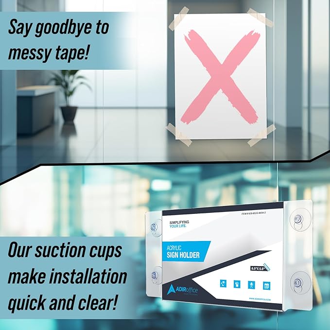 Adir Acrylic Sign Holder – Window Sign Holder with Suction Cups for Advertising and Promotion, Wall-Mount Display Frame, Clear Sign Holder Stand for Glass, Mall, Restaurants, Office - 2 Pack (8.5x5.5 Inch)