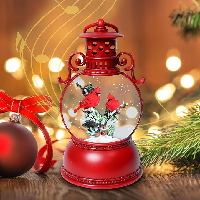 Christmas Snow Globes, Cardinal Christmas Snow Lantern with 8 Songs, 6H Timer Battery & USB Powered Glitter Music Box for Christmas Table Decorations Home Decor