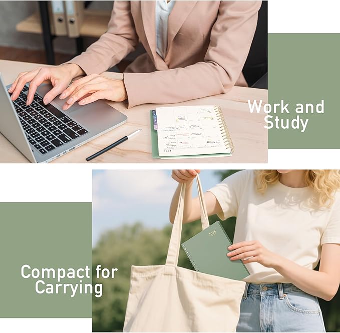 RETTACY 2026 Planner, Weekly and Monthly, Medium Size (5.7" x 8.3"), Jan - Dec 2026, Agenda, Calendar, 12 Month Tabs, Flexible Plastic Cover, 100 GSM Thick Paper, Spiral-bound (Light Green)