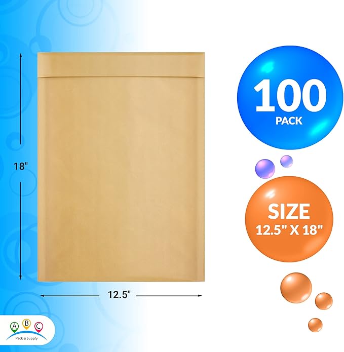 ABC PACK & SUPPLY Brown Kraft Bubble Mailer Envelopes, 12.5 x 18 Inches. 100 Pack Mail Padded Envelopes Self Seal. Kraft Bubble Mailers. Tear-Resistant Mailing Envelope Padded. Sturdy Paper Mailer