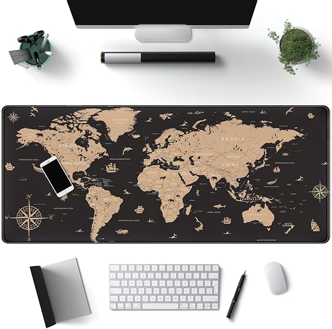 World Map Desk Mat Historical World Map Desk Pad Extra Large Computer Mouse Pad XL Black Topographic Mousepad Keyboard Pad for Desk Gaming Computer Laptop Office Non-Slip Desk Pad 31.5x11.8 in