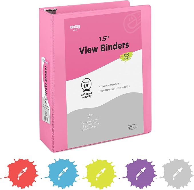 3 Ring Binder 1.5 Inch Pink, 1 ½ inch Binder Clear View Cover with 2 Inside Pockets, Colored School Supplies Office and Home – by Enday