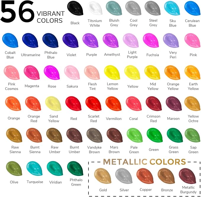 ABEIER Acrylic Paint Set, 56 Colors (2oz/60ml), Matte Finish, Waterproof, Rich Pigments, Non-Toxic Paints for Painting on Canvas Crafts Wood Ceramic, Fabric Ideal for Beginners and Students