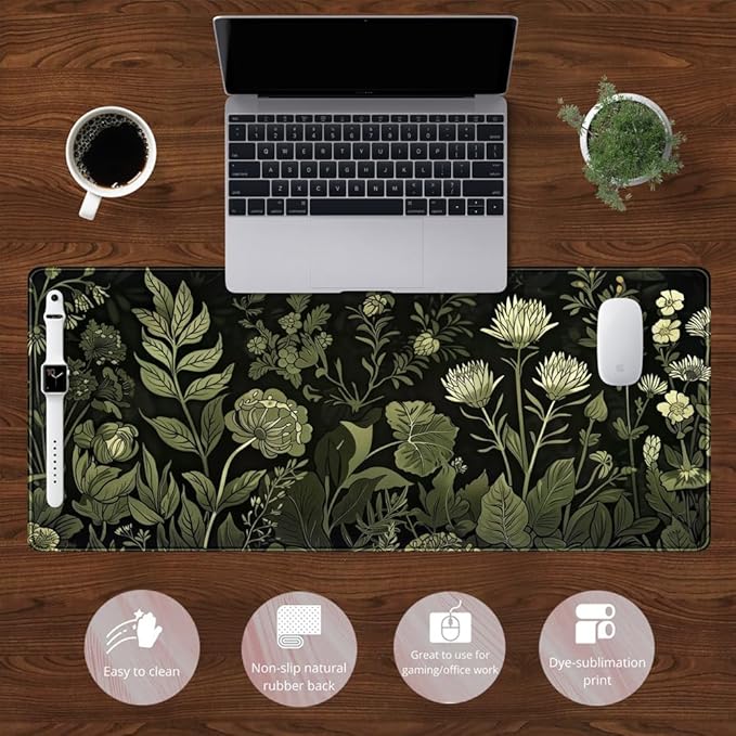 Sage Green Floral Black Plant Desk Pad Retro Aesthetics Mouse Pad Large Gaming Mouse Mat for Office Computer Keyboard Laptop Home with Stitched Edges,Non-Slip Base 31.5 X 11.8 in
