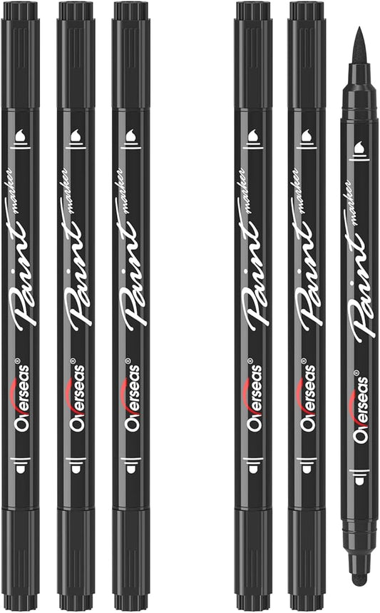 Overseas Black Acrylic Paint Markers, 6 Pack Dual Tip Paint Pens Acrylic Markers - Dot and Brush Tip Coloring Marker for Wood, Rock, Canvas, Glass, Metal, Plastic, Rubber, Fabric, School Supplies