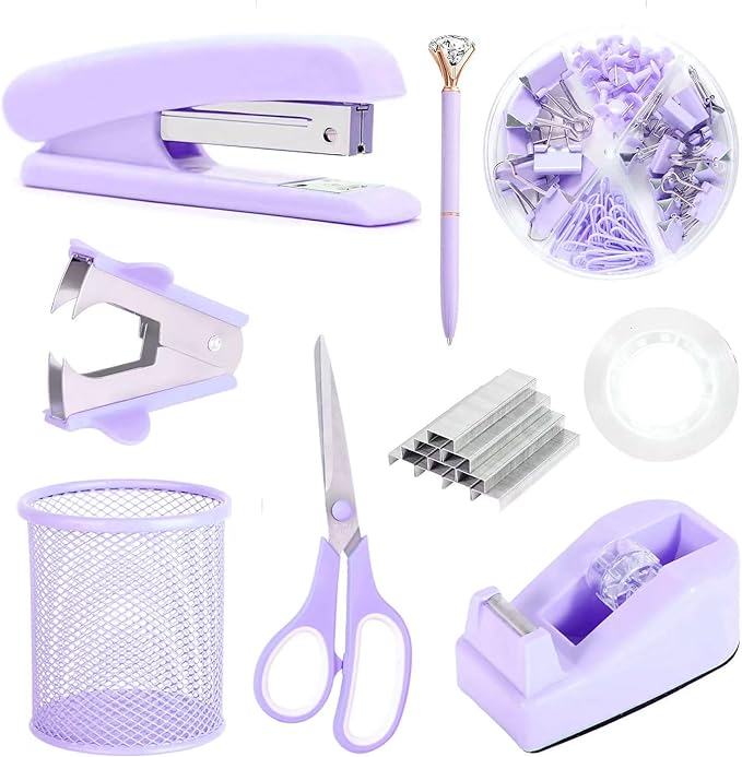 Purple Desk Accessories, Pink Office Supplies Set with Stapler, Tape Dispenser, Staple Remover, Pen Holder, Scissor, Binder/Paper Clips, Ballpoint Pen, Clear Tape and 1000pcs Staples