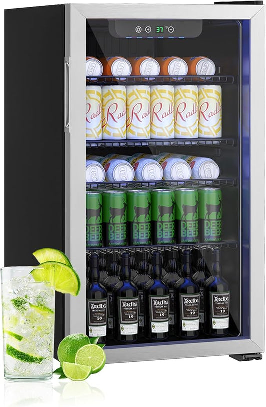 Compact Freestanding Beverage Refrigerator,126 Can/3.2 Cubic FeetMini Fridge with Reversible Glass Front Door for Soda, Beer, or Wine, Under Counter Drink Refrigerator with Adjustable Shelves