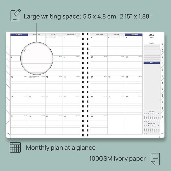 POPRUN 2025-2026 Academic Planner Spiral Bound, 8.5'' x 11.25'' Appointment Book (July 2025-June 2026) Quarter-Hourly Weekly Schedule, Leather Cover, Monthly Tabs, 2 Inner Pockets - Midnight Green