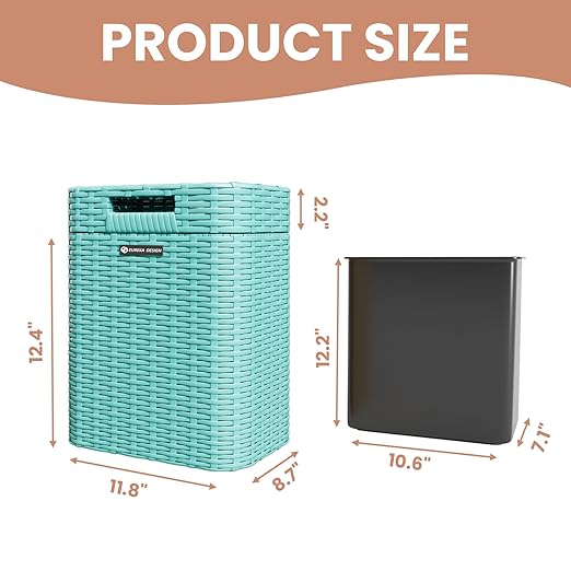 Ypati Handwoven 4 Gallon Rattan Trash Can with Lid, Boho Style Decorative Indoor and Outdoor Trash Bin with Shelf, Waste Basket for Bathroom, Kitchen, Patio, with Trash Bags, Turquoise Blue, Eureka