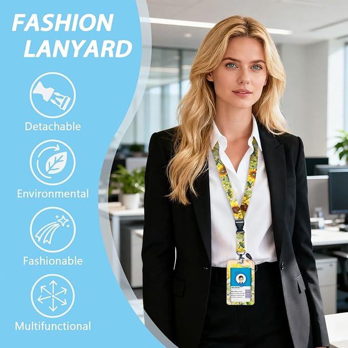 Gctriki ID Badge Holder with Breakaway Lanyard, Aesthetic Sunflower Lanyard for Keys，Retractable Badge Reel Clip, Teacher Lanyards for ID Badges Card Holder, Nurse Teacher Workers Women Office Gifts