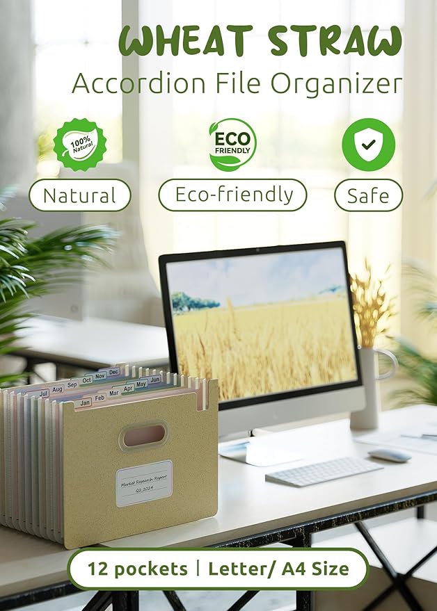 Accordion File Organizer, 12 Pockets Wheat Straw Expanding File Folders, Upright&Open Top, Monthly Bill Receipt Organizer, 100% BPA Free, Return to Nature, Healthy Living, Letter/A4 Size-Wheat Yellow