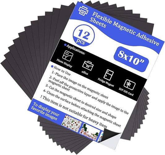 Magnetic Self Adhesive Sheets-8”x 10”,12 Pack Cuttable Picture and Photo Adhesive Magnet,Sticky Magnet Sheets for Craft Magnets,stickers