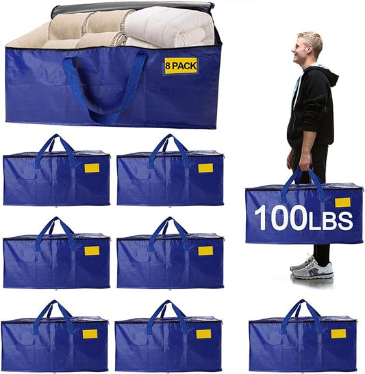 8 Pack Waterproof Moving Bags with Strong Zippers and Reinforced Handles, Real 100lb Capacity Extra Heavy Duty Large Storage Totes for Packing & Moving Storing, Alternative to Moving Boxes -95L,Blue