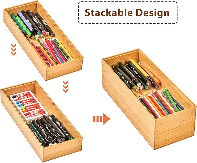 Umilife Bamboo Kitchen Drawer Organizer Boxes with Anti-Skid Silicone Feet, 2pcs Stackable Storage Bins for Kitchen Utensils & Silverware & Desk Drawer & Makeup, Tools Holder, 15”L x 6”W x 2.5”D Each