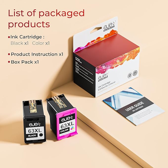 63XL Ink Cartridges Black and Color Replacement for HP 63XL Ink Cartridge Combo Pack Work with OfficeJet 3830 4650 5255 Envy 4520 4512 Deskjet 1112 3630 3634 3639 Printer (2 Black, 1 Tri-Color)
