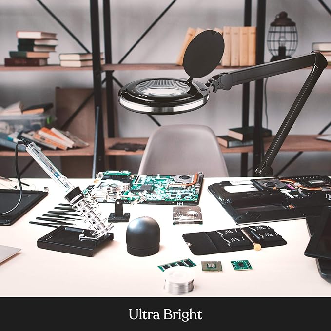 Brightech Lightview Pro Magnifying Glass with Stand & Light, Magnifying Floor Lamp with 6-Wheel Rolling Base for Facials & Lashes – Dimmable LED Work Light for Crafts, Sewing, and Projects - 3 Diopter