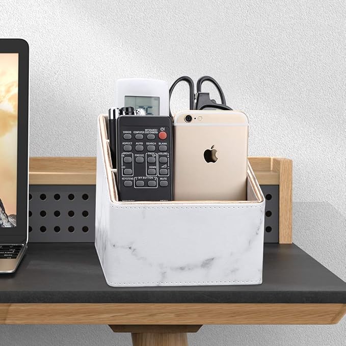 KINGFOM Remote Control Holder with 3 Compartments, Pu Leather Remote Caddy Desktop Organizer for TV, CD, Blu-Ray, Media Player, Heater Controllers and Cosmetics Office Supplies (White Marble)