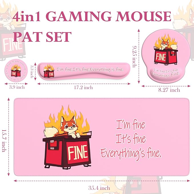 iCasso Desk Mat Set,Ergonomic Wrist Rest for Keyboard and Mouse,Funny Dumpster Fire Desk Accessories,Cute Pink Mouse Pad for Women Girl, Non-Slip Desk Protector Mat for Office Home Dorm