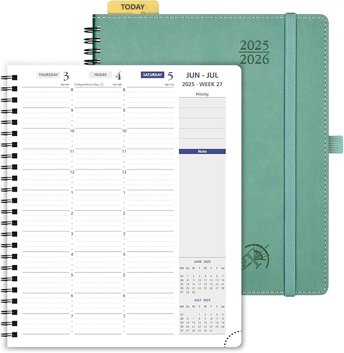 POPRUN 2025-2026 Weekly Planner 7.25'' x 8.25''Academic Spiral Appointment Book (July 2025-June 2026) with Quarter-Hourly Schedule, Monthly Tabs, Leather Softcover, Inner Pocket - Midnight Green