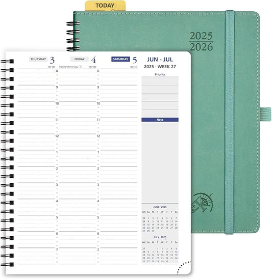 POPRUN 2025-2026 Weekly Planner 7.25'' x 8.25''Academic Spiral Appointment Book (July 2025-June 2026) with Quarter-Hourly Schedule, Monthly Tabs, Leather Softcover, Inner Pocket - Midnight Green