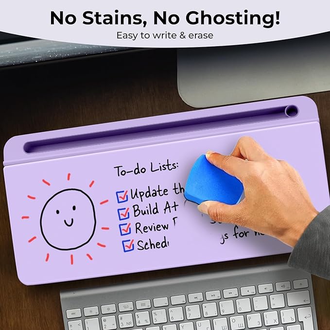 Chalkola Lavender Glass Desktop Whiteboard with Storage - Dry Erase Board, Work Desk Organizers, Computer Keyboard Stand, Home Office Desk Accessories, Workspace Desktop Buddy + 3 Markers