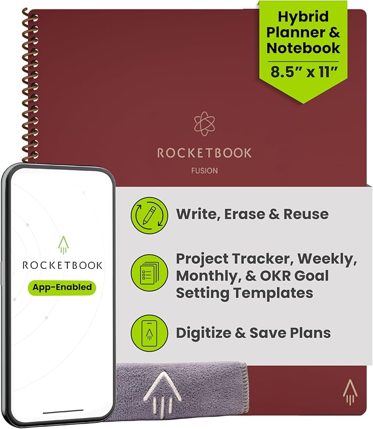 Rocketbook Fusion Reusable Undated Productivity Planner, Letter Size 8.5x11, Maroon - Goals, Monthly and Weekly Calendar, Daily To-do List, Lined and Dotted Notes Pages