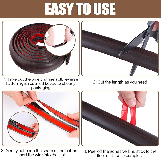 Floor Cord Cover Cavity 0.8"x0.37" Self Adhesive Cord Hider, 10FT Low Profile Cable Management, Extension Strip Protector for Wires, Prevent Cable Trips for Offices, Gyms, Exhibitions（Black Wood）