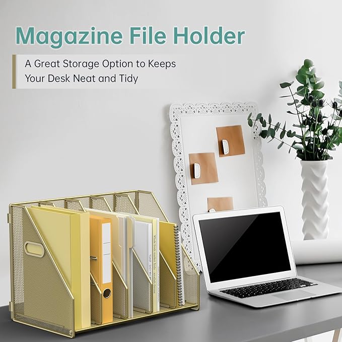 Desk File Organizer Metal Desk Magazine Folder Holder with 5 Vertical Compartments Rack File Organizer for Office, Home, School (Gold)