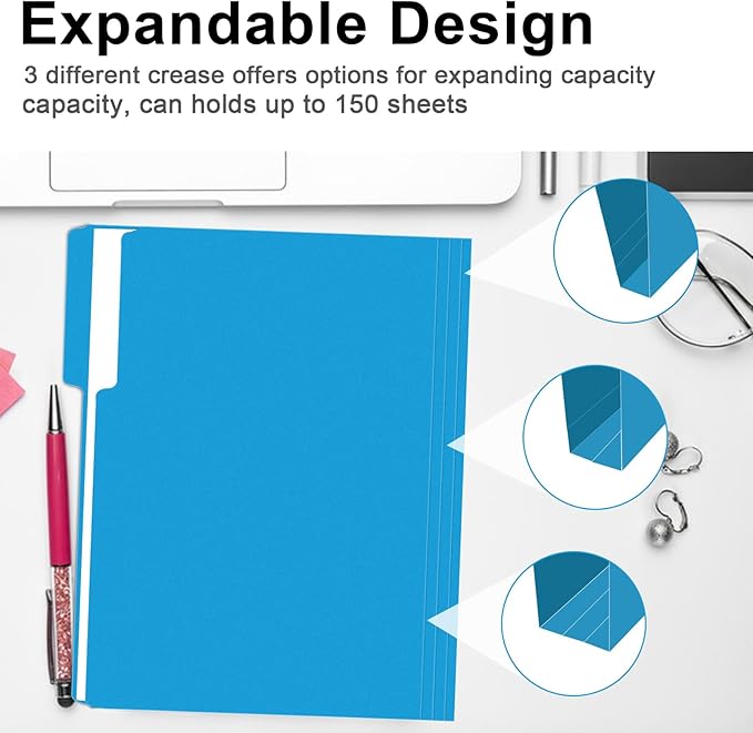 File Folder, RAZCC 100 Pack 1/3 Cut Tab File Folders Letter Size, Blue, Colored Folders with Tab Great for Organizing and Easy File Storage