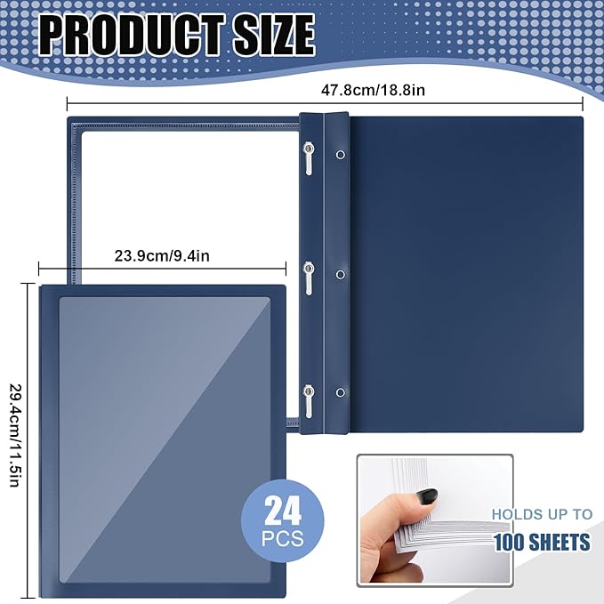Teling 24 Pcs Report Covers with 3 Prong Fasteners Clear Front Presentation Folders Frame View Poly Report Folder Presentation Binder for Paper Document School Office (Dark Blue)