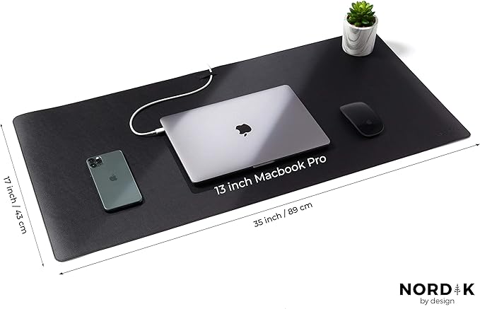 Nordik Cork Leather Desk Mat Cable Organizer (Pebble Black 35 X 17 inch) Premium Extended Mouse Mat for Home Office Accessories - Non-Slip Vegan Leather Desk Pad Protector & Desk Blotter Pad