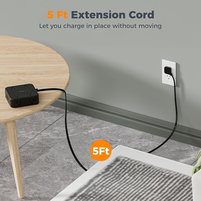 Surge Protector Flat Plug Power Strip, TESSAN Black Extension Cord, 8 AC Outlets, 3 USB Charger(1 USB C Port) 3 Side Outlet Extender, 5 Ft, 900 Joules Protection, Office Supplies, Dorm Essentials